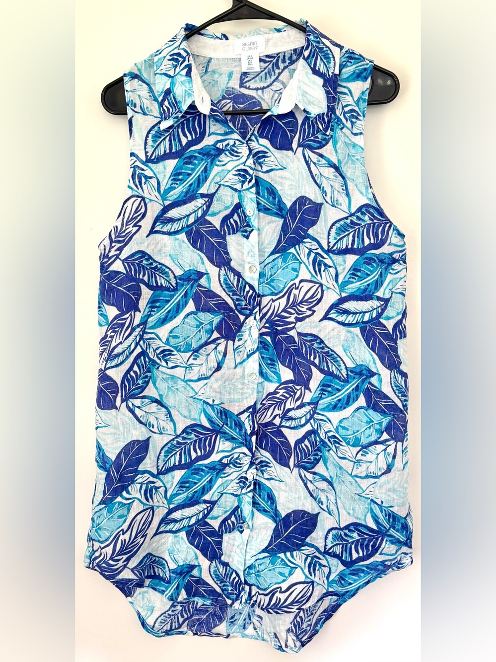 Sigrid Olsen Blue Leaf Print Sleeveless Linen Shirt Dress